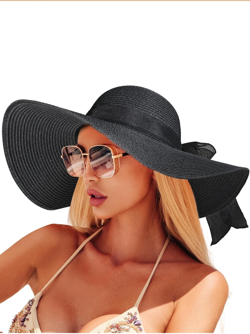 Wide Brim Black Sun Hat with Bow